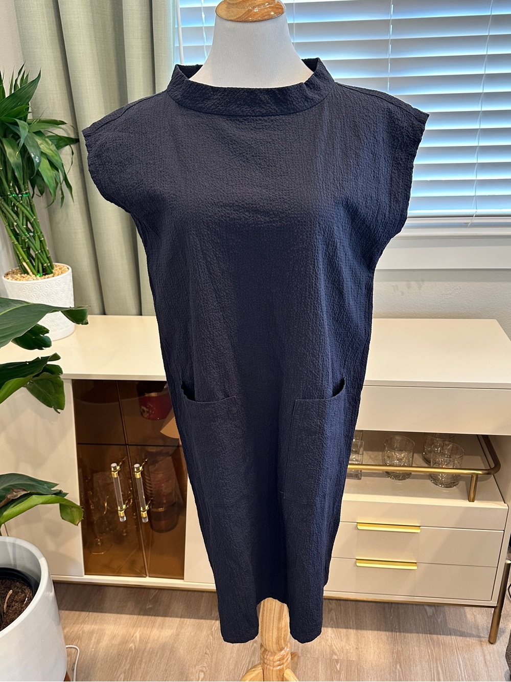 Eileen Fisher Organic Cotton Navy Textured Sleeveless Mini Shift Dress - Picture 1 of 9